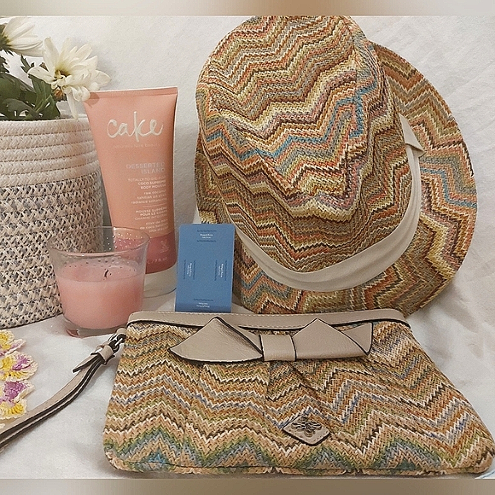 Vera Wang Beach Set w Card Holder Raffia Woven Clutch & Fedora